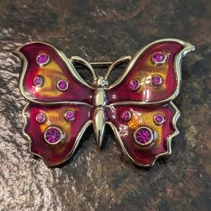 Vintage Gold Tone Red & Orange Enameled W Pink Jewels Butterfly Brooch Pin